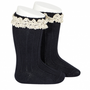 Condor Rib Knee High Socks With Vintage Navy Lace