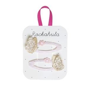 Flutter by with our beautiful butterflies! This pack of two gorgeous butterflies feature gold glitter fluttering wings and a cute little pink flower. Each butterfly is secured to a soft pink grosgrain wrapped snap clip.