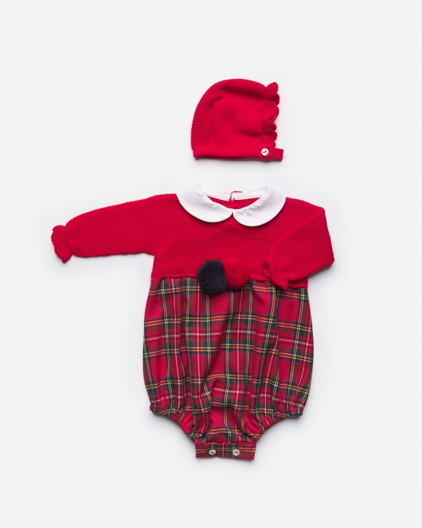 J6125 Juliana mixed knit and tartan romper with hat