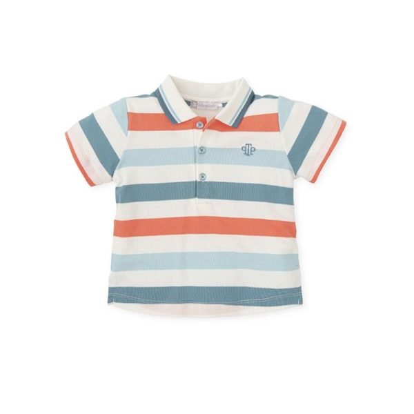 tutto piccolo ivory, blue and coral stripe polo shirt