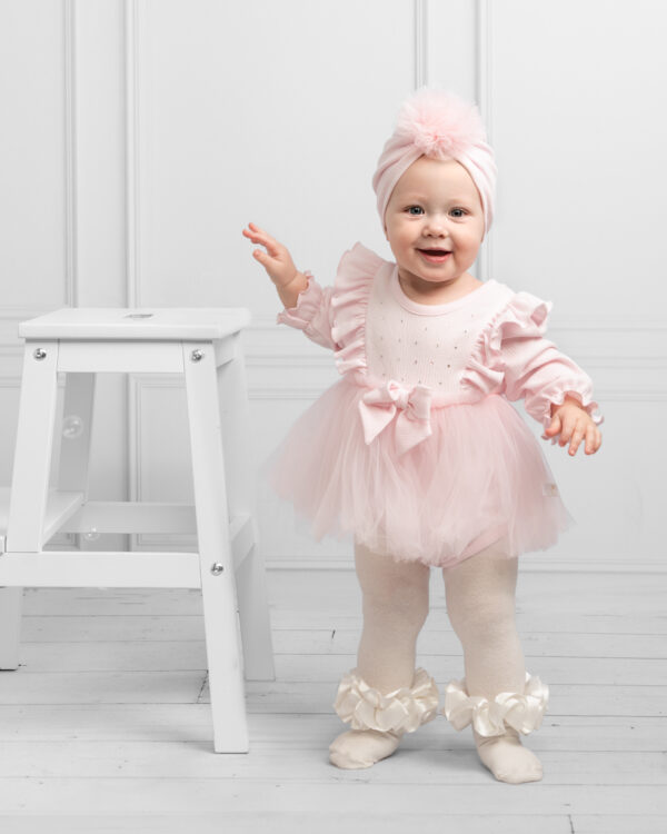 Caramelo pink ribbed tulle long sleeve dress with turban