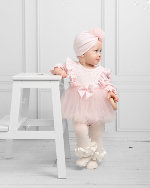 Caramelo Pink Ribbed Tulle Long Sleeve Dress with Turban - Image 2