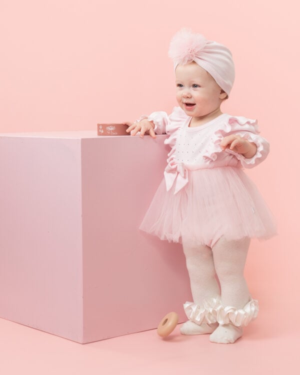 Caramelo Pink Ribbed Tulle Long Sleeve Dress with Turban - Image 4