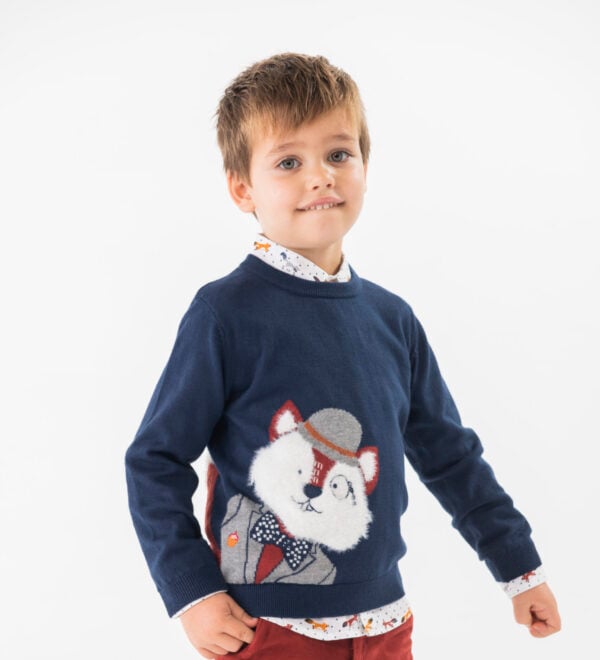 Boboli  Slim Fit Fox Print Poplin shirt and Sweater Set