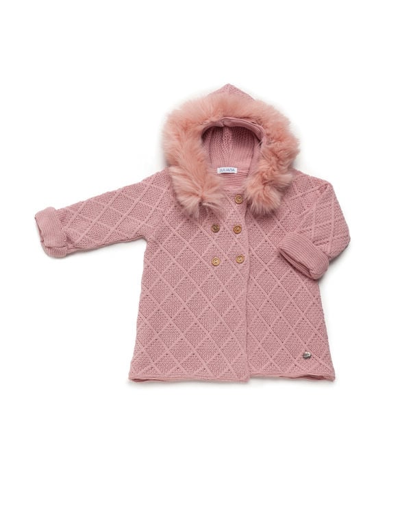 Juliana Pink Knit Coat with Faux Fur Hood - Image 2