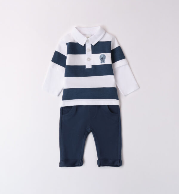 I do navy and white striped polo shirt and jogger set