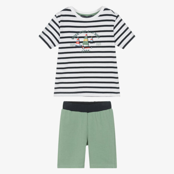 Weekend a La Mer Green Cotton Breton Stripe Shorts Set - Image 2