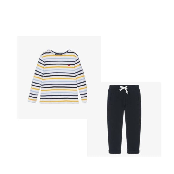 weekend a la mer yellow and navy stripe top and navy jogger ser