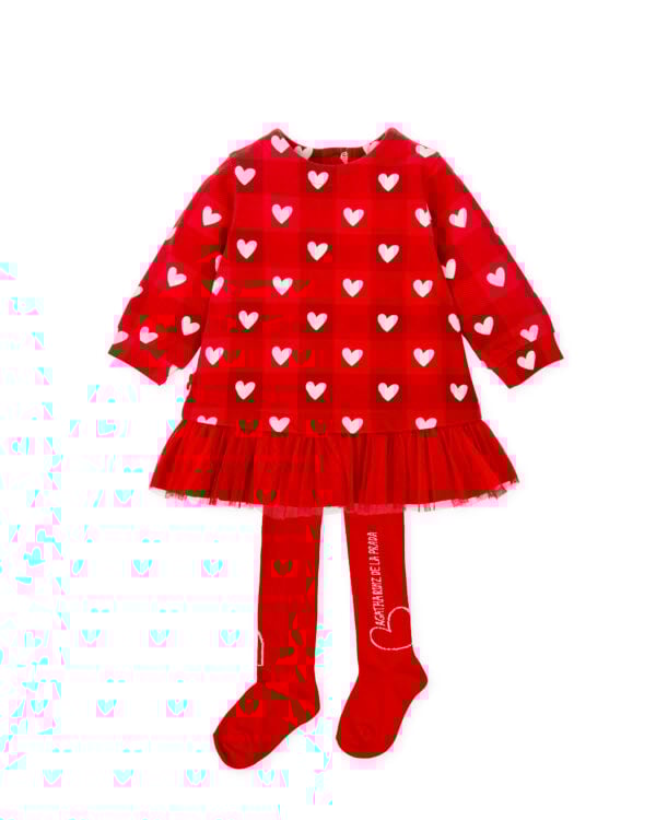 Featuring a playful checked heart pattern, this red dress set for girls is by Agatha Ruiz de la Prada. Made in soft cotton-blend jersey, the dress has a dropped waist with a tulle frilled hem for a touch of elegance. It fastens with poppers on the back for easy dressing. The coordinating tights have white heart and logo motifs for a signature finish.