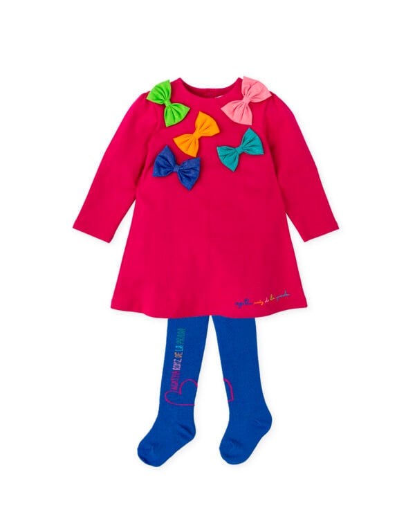 Agatha Ruiz De La Prada Pink Bow Detail Dress & Blue Tights Set - Image 2