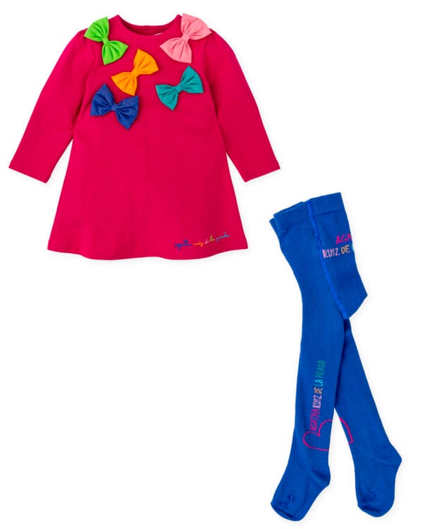 Agatha Ruiz De La Prada Pink Bow Detail Dress & Blue Tights Set - Image 3