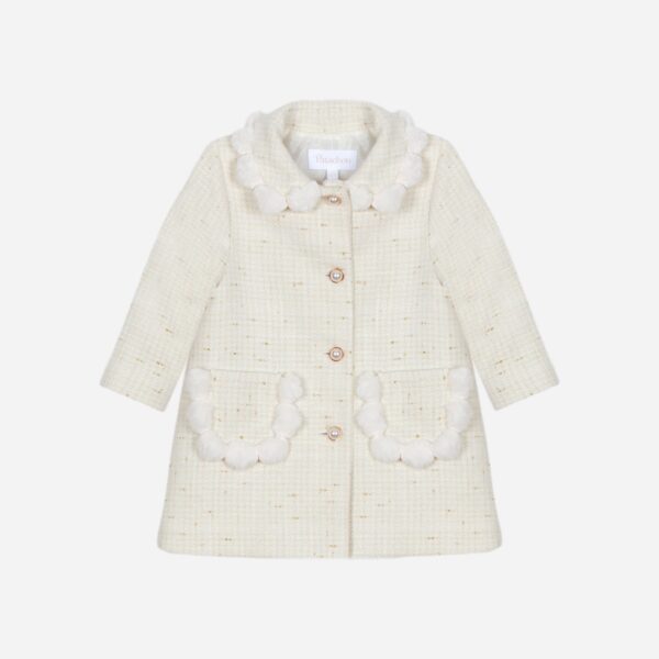 Patachou Ivory & Gold Tweed Coat with Faux Fur Trims - Image 2