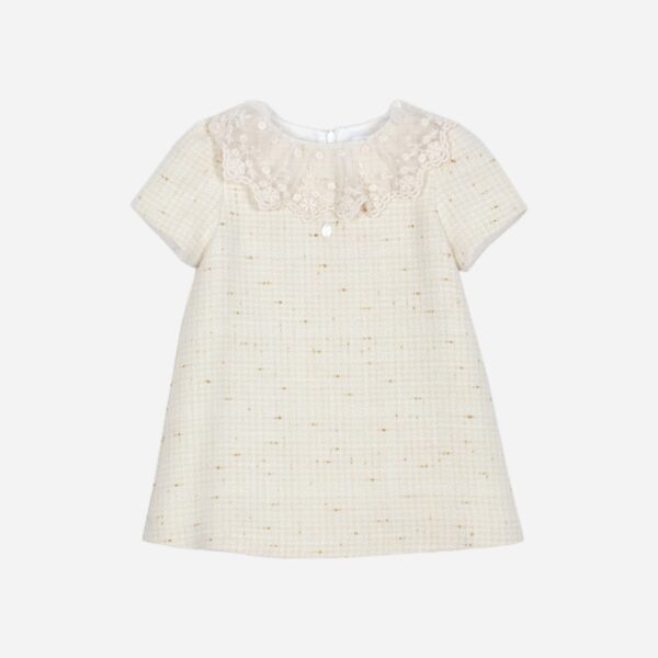 Patachou Ivory Tweed Dress with Embroidered Tulle Collar - Image 2
