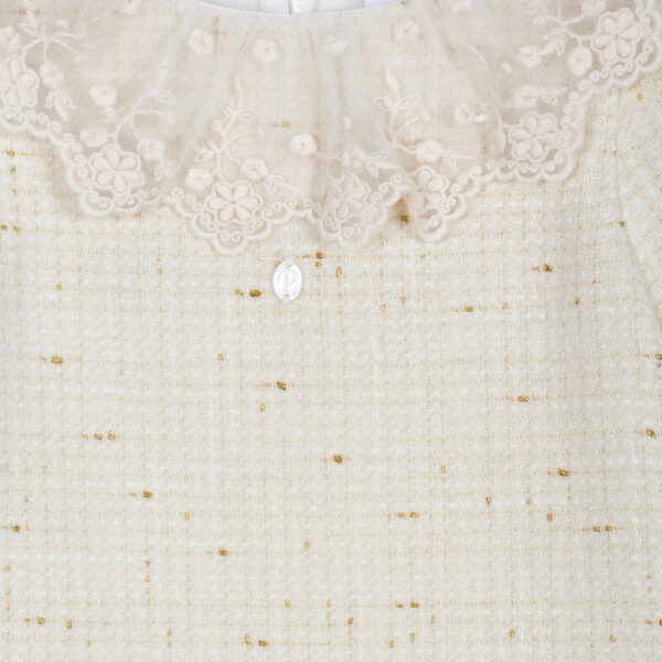 Patachou Ivory Tweed Dress with Embroidered Tulle Collar - Image 3