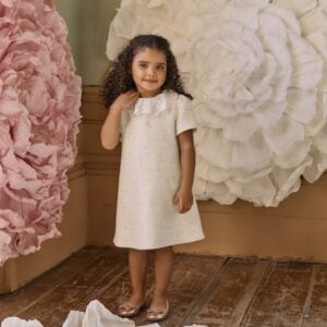 Patachou Girls Ivory Tweed Dress with Embroidered Tulle Collar
