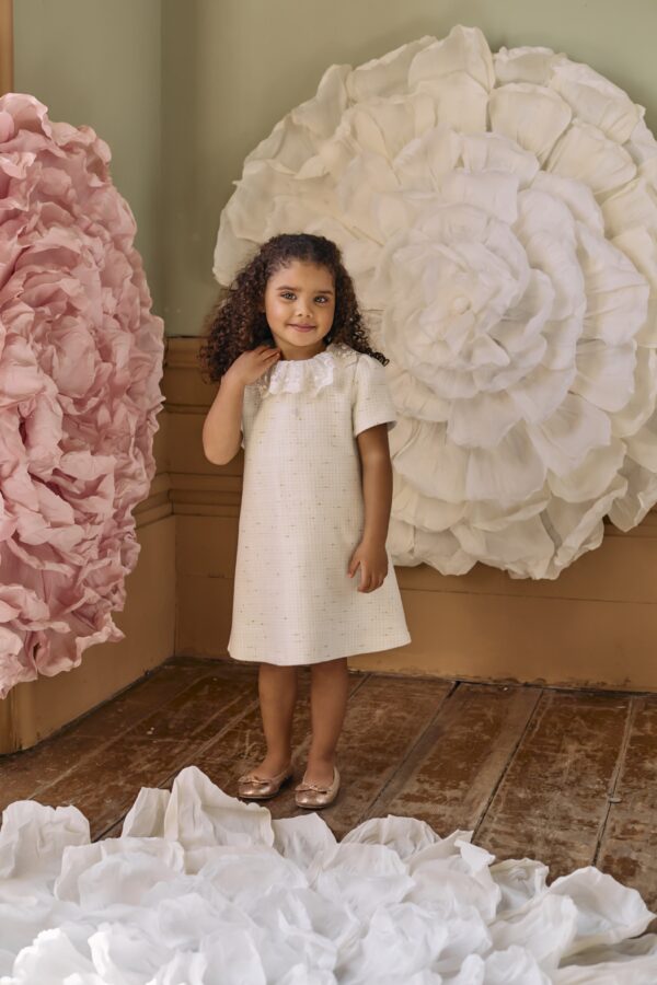 Patachou Girls Ivory Tweed Dress with Embroidered Tulle Collar