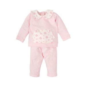 This lovely pale pink trouser set for little girls by Babidu, has a charming ruffle-trimmed collar patterned with pretty flowers. Made in soft cotton jersey with a fleecy inside, this cosy and comfortable set has a cute pouch pocket with matching floral detailing. The top fastens with poppers on the back and the trousers have a gently elasticated waistband.
