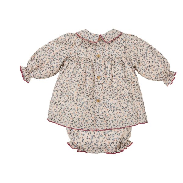 Babidu Beige & Blue Cotton Dress and Bloomers with Leaf Print - Image 2