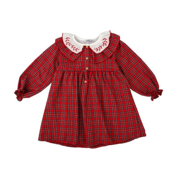 Babidu Red Tartan Cotton Dress with Ruffle Collar - Image 2