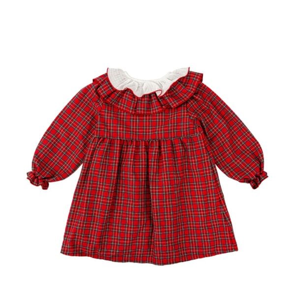 Babidu Red Tartan Cotton Dress with Ruffle Collar - Image 3