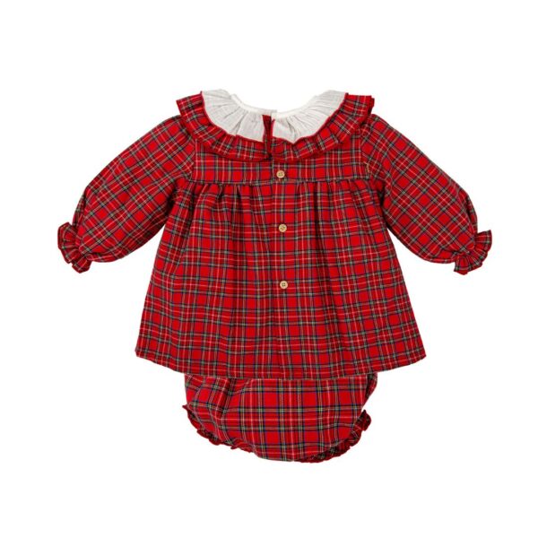 Babidu Baby Girls Red Tartan Cotton Dress with Ruffle Collar - Image 2