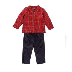 A delightful red tartan dress for baby girls by Babidu, woven in soft cotton. This sweet, traditional style has a pretty ruffle collar with red embroidered detailing and long sleeves with elasticated frilly cuffs. It fastens with buttons on the back and comes with a pair of matching knickers.