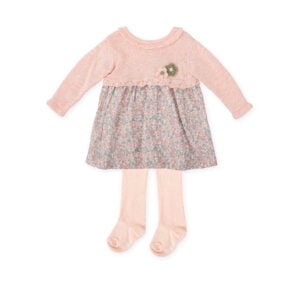 This charming dress set for little girls by Tutto Piccolo, features a dress with a pretty pink and green floral skirt. The dress has a cosy, knitted bodice with a sweet ruffled collar. For easy dressing, it fastens with buttons on the back. A pair of pink knitted tights completes the look.
