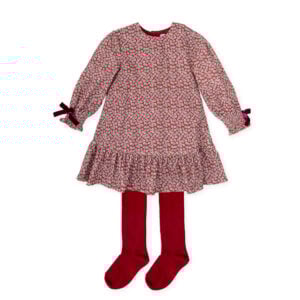 Girls red needlecord dress by Tutto Piccolo, with a pretty white and green floral pattern. The puffed sleeves have sweet shirred cuffs and burgundy red velvet trims. With a cute, ruffled hemline, the dress is fully lined for comfort and comes with a pair of soft cotton-blend, burgundy red tights to complete the look.