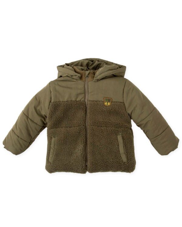 Tutto Piccolo Khaki Green Fleece Puffer Jacket with Detachable Hood - Image 3