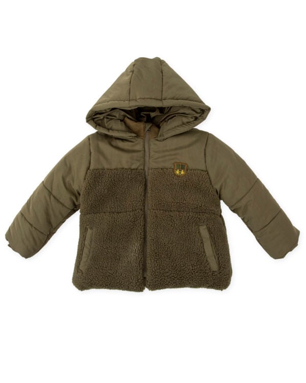 Tutto Piccolo Khaki Green Fleece Puffer Jacket with Detachable Hood - Image 2