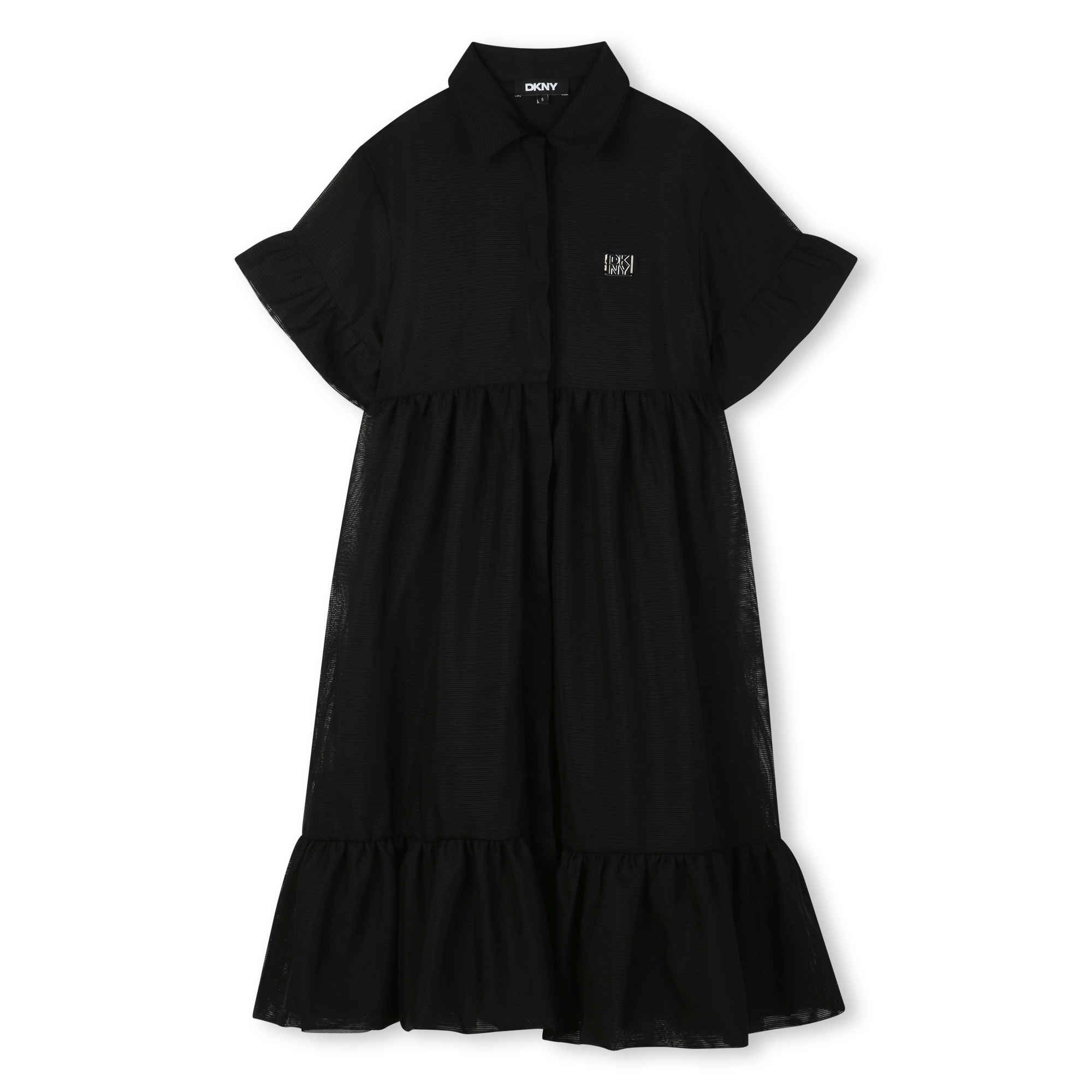 DKNY Black Tiered Mesh Dress with Silver Metal Box Logo - Image 2