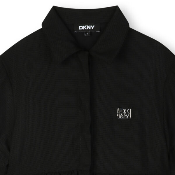 DKNY Black Tiered Mesh Dress with Silver Metal Box Logo - Image 4