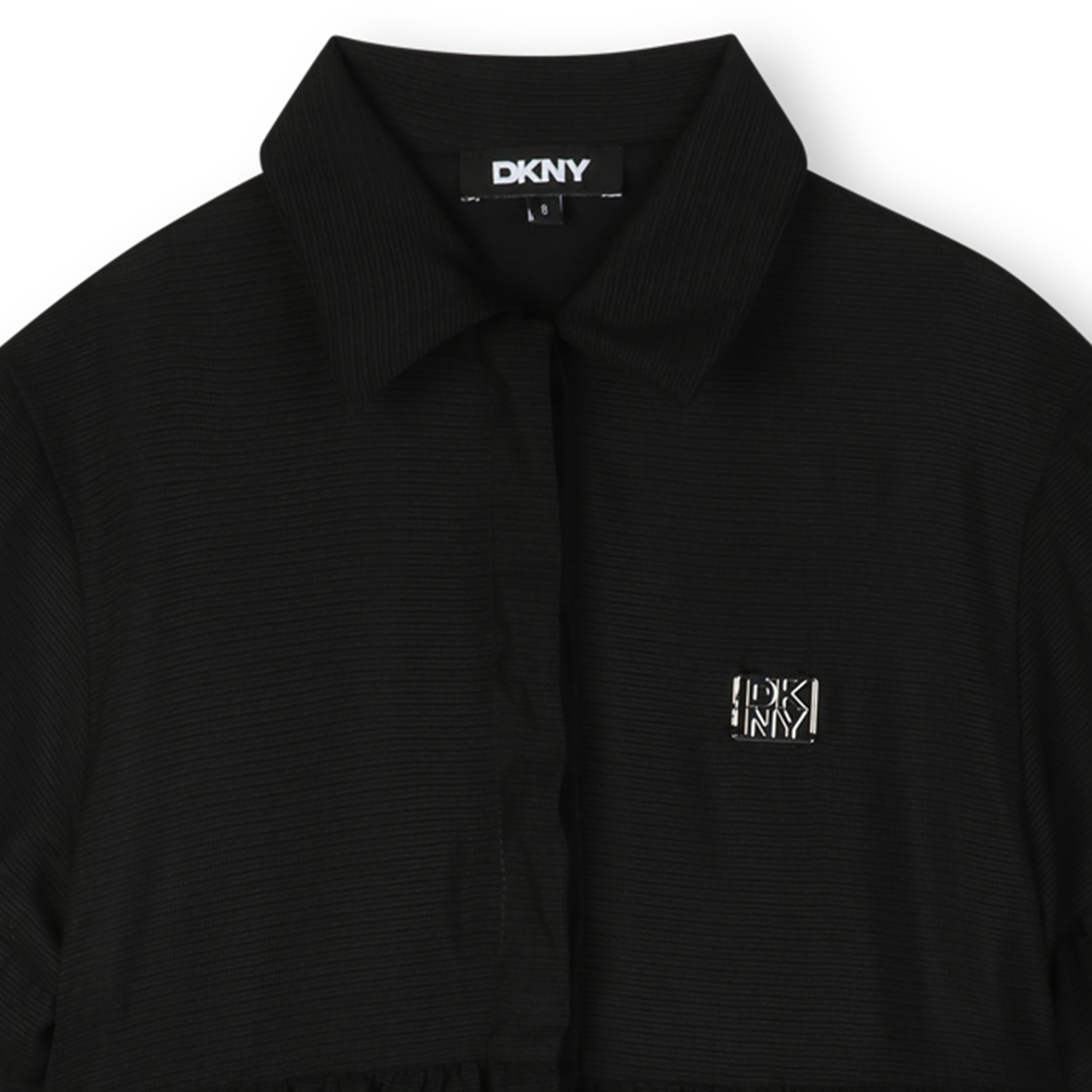 DKNY Black Tiered Mesh Dress with Silver Metal Box Logo - Image 4
