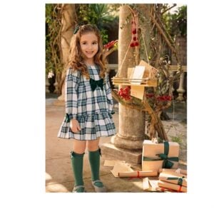 Juliana green check dress with velvet bow
