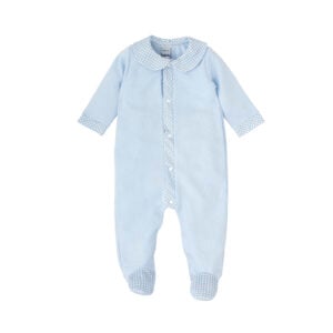 Pale blue with cute gingham trims, this lovely Babidu babygrow for boys and girls is made in soft cotton jersey with a fine diamond pattern. It features a sweet rounded collar and fastens with poppers on the front and between the legs for quick and easy changing.