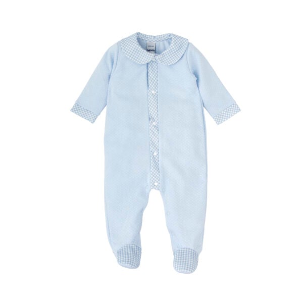 Pale blue with cute gingham trims, this lovely Babidu babygrow for boys and girls is made in soft cotton jersey with a fine diamond pattern. It features a sweet rounded collar and fastens with poppers on the front and between the legs for quick and easy changing.