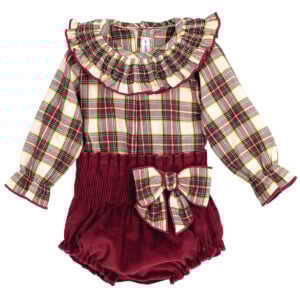 A classic pairing for the cosiest time of year. This blouse and bloomers set from Calamaro features a super soft, super lightweight tartan blouse in rich burgundy, oatmeal, and bottle green – with gentle smocking around the frilled neckline and elasticated wrists for a snug, comfy fit. The coordinating bloomers are crafted from soft burgundy needlecord, with a stretchy shirred waistband and matching tartan bow. A beautifully put-together outfit for wintry days, Christmas parties, or curling up by the fire.