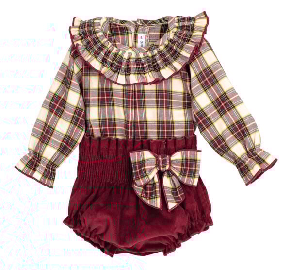 A classic pairing for the cosiest time of year. This blouse and bloomers set from Calamaro features a super soft, super lightweight tartan blouse in rich burgundy, oatmeal, and bottle green – with gentle smocking around the frilled neckline and elasticated wrists for a snug, comfy fit. The coordinating bloomers are crafted from soft burgundy needlecord, with a stretchy shirred waistband and matching tartan bow. A beautifully put-together outfit for wintry days, Christmas parties, or curling up by the fire.