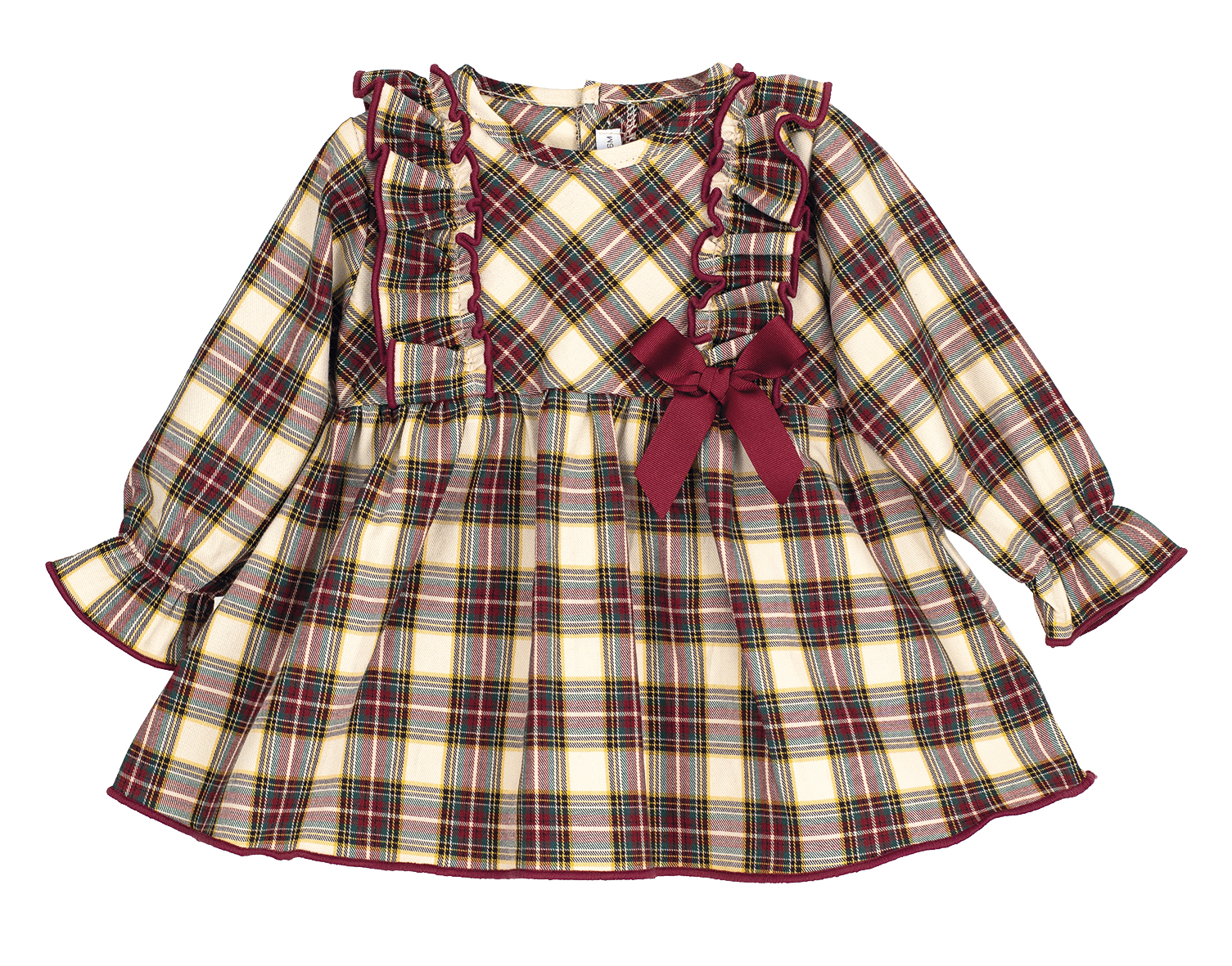 Sweet, soft, and timeless – this festive tartan dress from Calamaro is perfect for twirling through the season. Designed in a beautifully lightweight cotton, it features rich tones of burgundy, oatmeal, yellow, and bottle green, with gentle ruffles that sweep over the shoulders and a grosgrain bow that sits neatly at the waist. The full skirt adds a classic silhouette, and the elasticated wrists make everyday wear fuss-free. A lovely choice for Christmas Day, family gatherings, or any moment that calls for a little extra magic.
