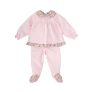 Charming white babysuit set by Babidu, lovely for baby boys. Knitted for a cosy feel, the set includes a top with a checked, woven Peter Pan collar and little pearlised buttons on the back. The matching trousers have sweet little feet and a gently elasticated waistband for comfort. A coordinating hat completes the look, adding a lovely finishing touch.