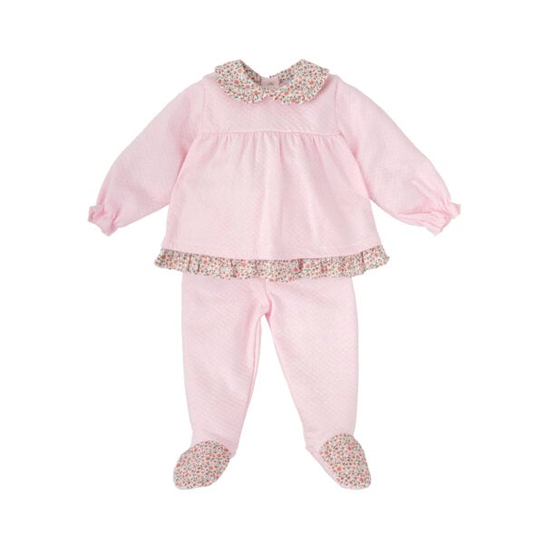 Charming white babysuit set by Babidu, lovely for baby boys. Knitted for a cosy feel, the set includes a top with a checked, woven Peter Pan collar and little pearlised buttons on the back. The matching trousers have sweet little feet and a gently elasticated waistband for comfort. A coordinating hat completes the look, adding a lovely finishing touch.