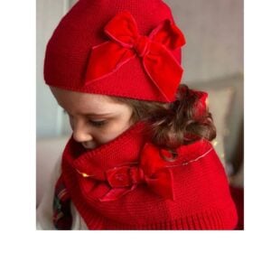 Condor GARTER STITCH SNOOD SCARF WITH BIG VELVET BOW RED - 550