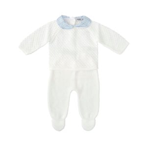 Babidu White Knit Trouser Set with Check Collar and Hat set