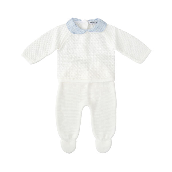 Babidu White Knit Trouser Set with Check Collar and Hat set