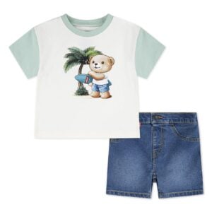 Levi's Ivory Bear Graphic T-Shirt & Blue Denim Shorts Set