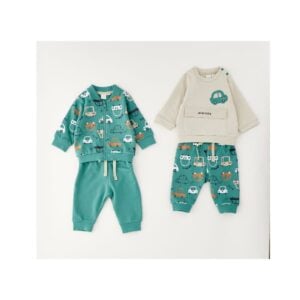I DO Boys Green & Beige Tracksuits with Car Motifs (2 Pack)