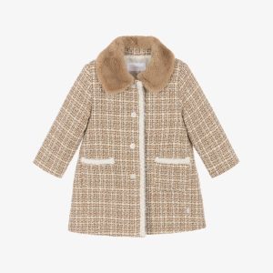 Patachou Beige Tweed Coat with Faux Fur Collar