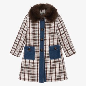 Patachou Brown Tweed Coat with Chambray Detail