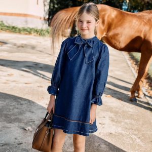 Patachou Blue Chambray Dress with Bow Neckline